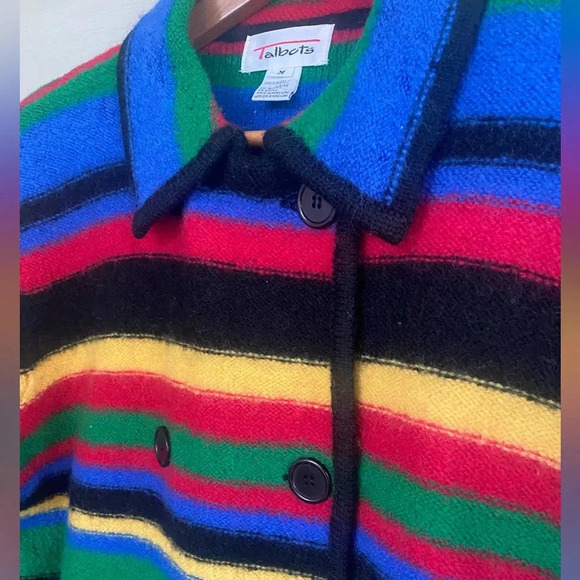 TALBOTS 90s vintage wool sweater rainbow striped peacoat cardigan sz M - Picture 2 of 15